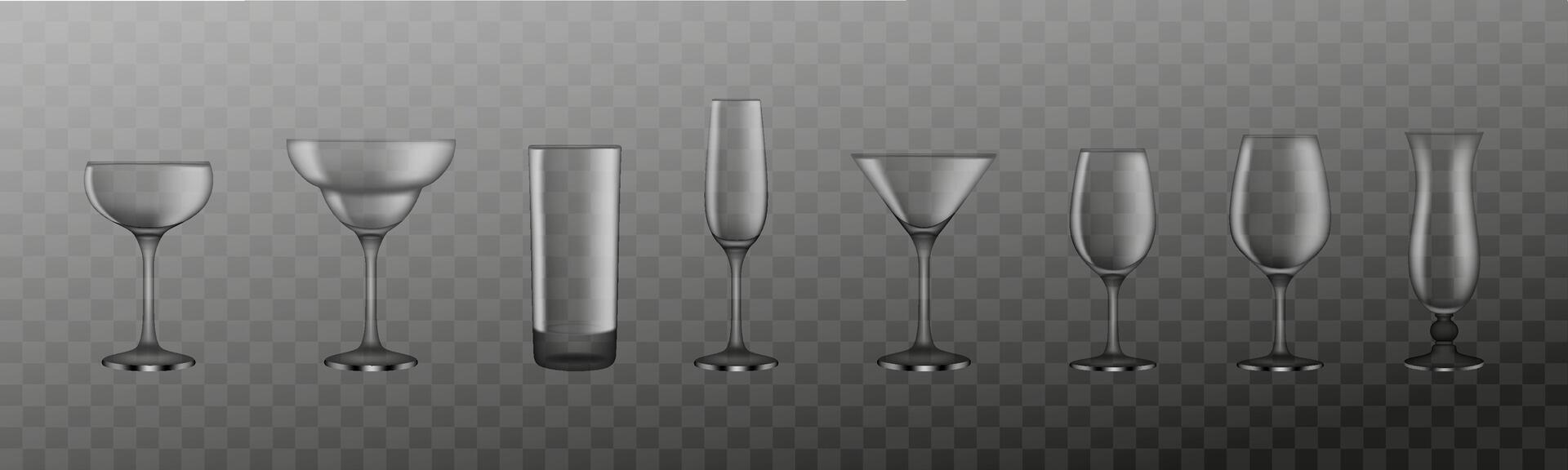 Transparent Glassware on Checkered Background Set vector