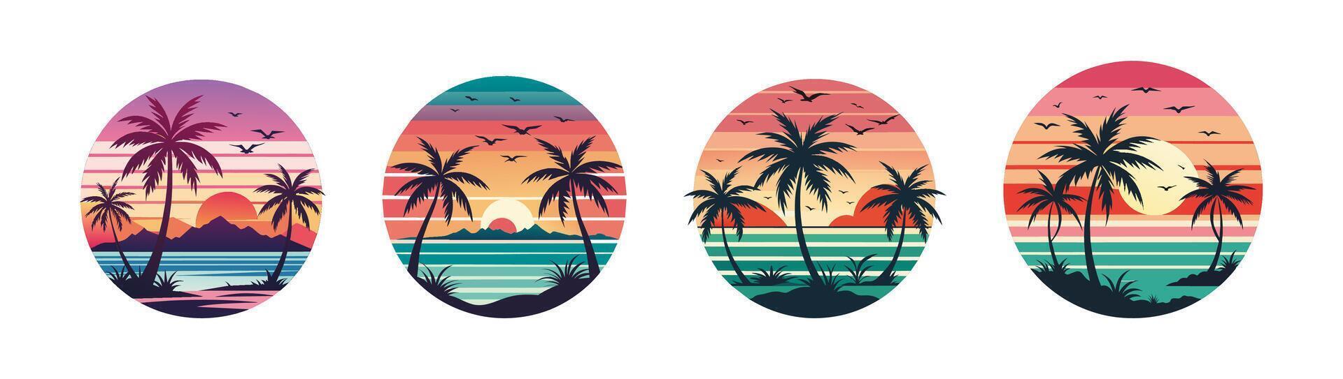 Tropical Sunset Illustrations with Palm Trees Set vector