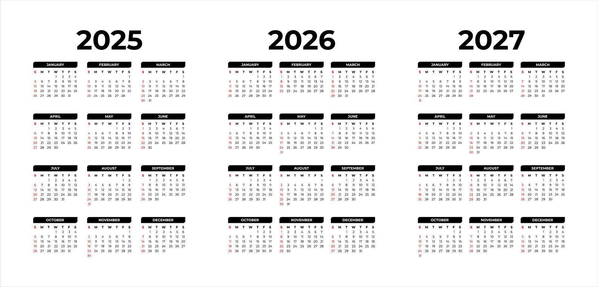 Three-Year Calendar Layout 2025 to 2027 Set vector
