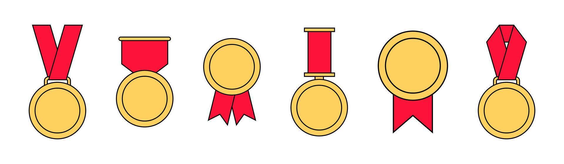 Gold Medal Designs with Red Ribbons Set vector