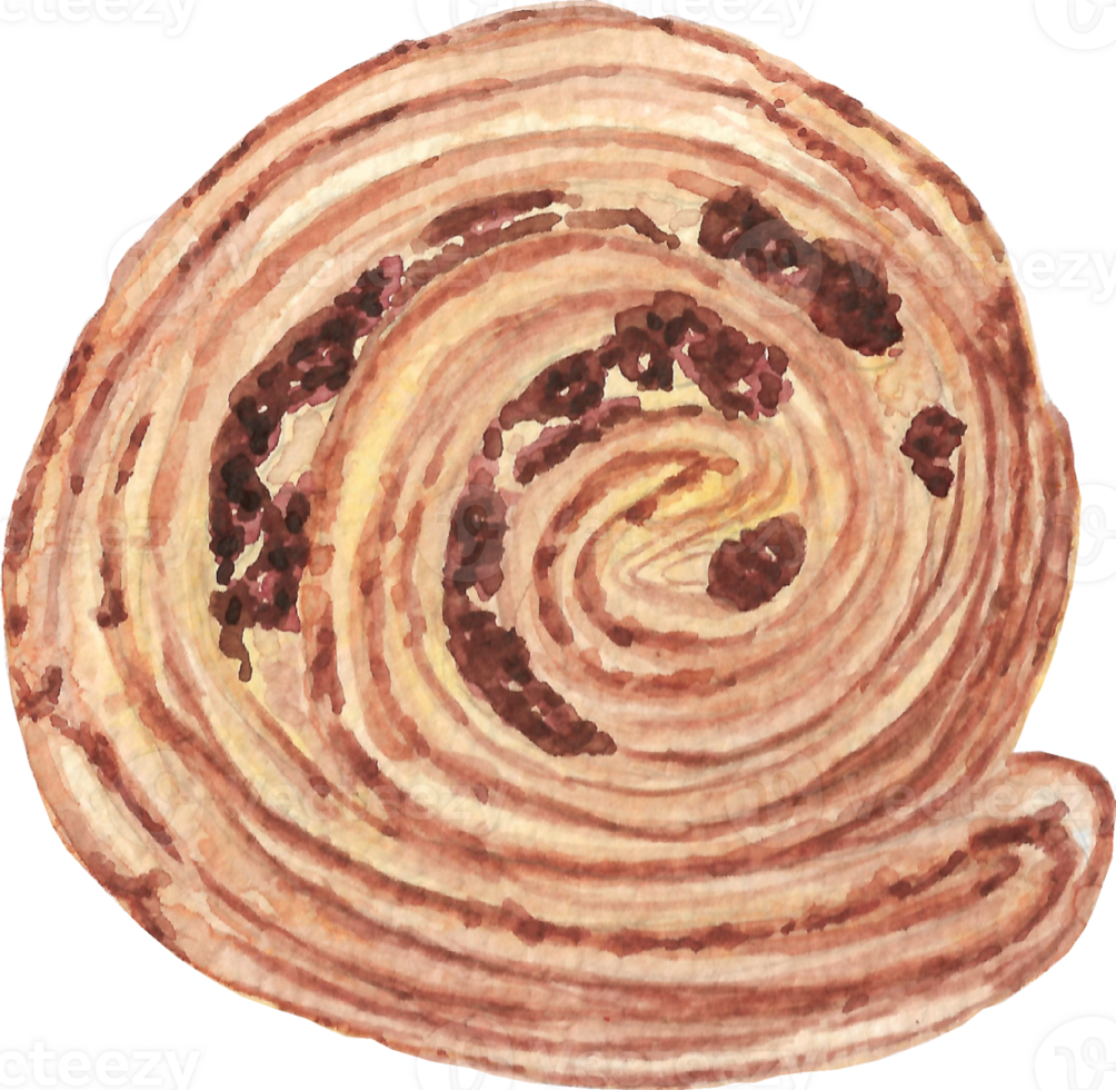A round raisin croissant that is drawn and painted by hand in watercolor fine art style png