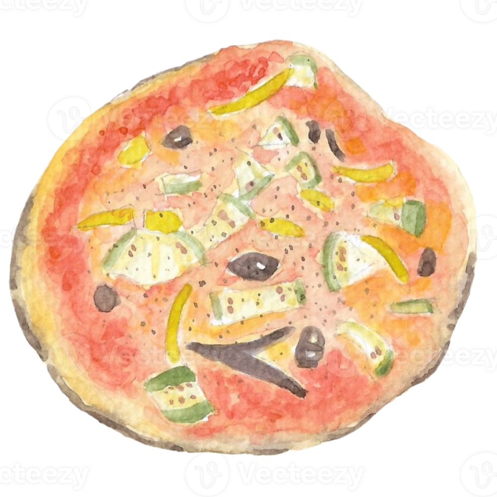 Authentic Pizza with pepper and olive that is drawn and painted by hand in watercolor fine art style png