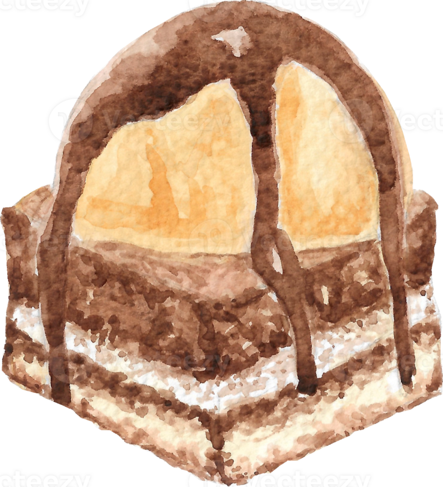 A vanilla icecream cake topping with chocolate that is drawn and painted by hand in watercolor fine art style png