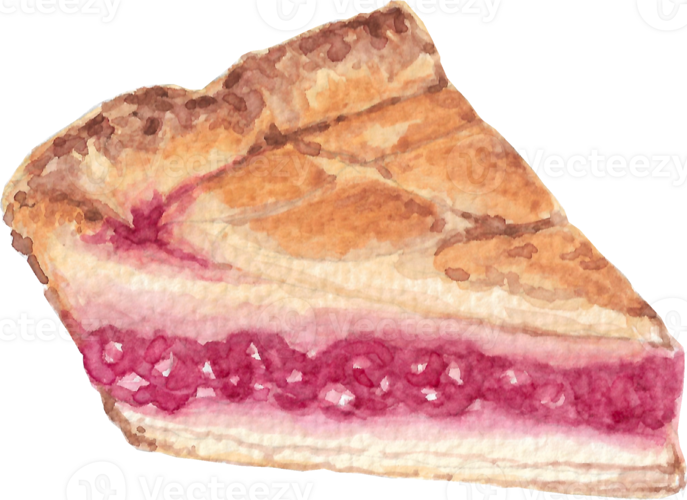 A strawberry cheese pie that is drawn and painted by hand in watercolor fine art style png