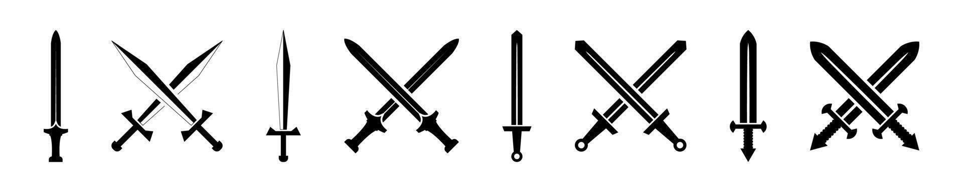 Swords and Crossed Sword Icons Set. vector