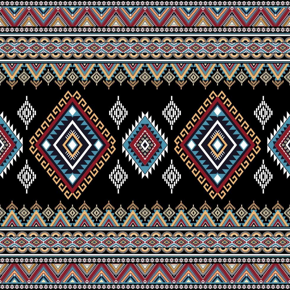 Abstract ethnic geometric texture pattern. Seamless red and yellow color of tribal abstract fabric textile on black background vector