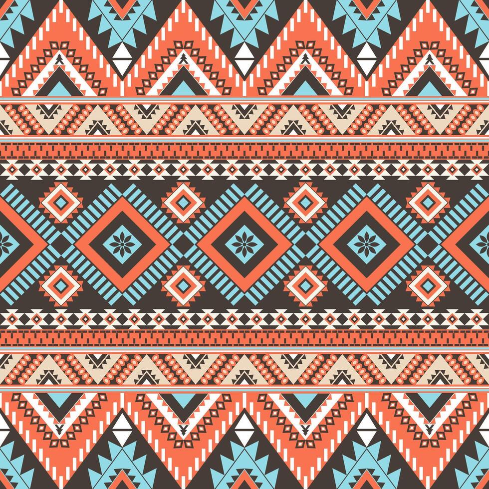 Abstract ethnic geometric texture pattern. Seamless blue and gold color of tribal abstract fabric textile on brown and orange background vector