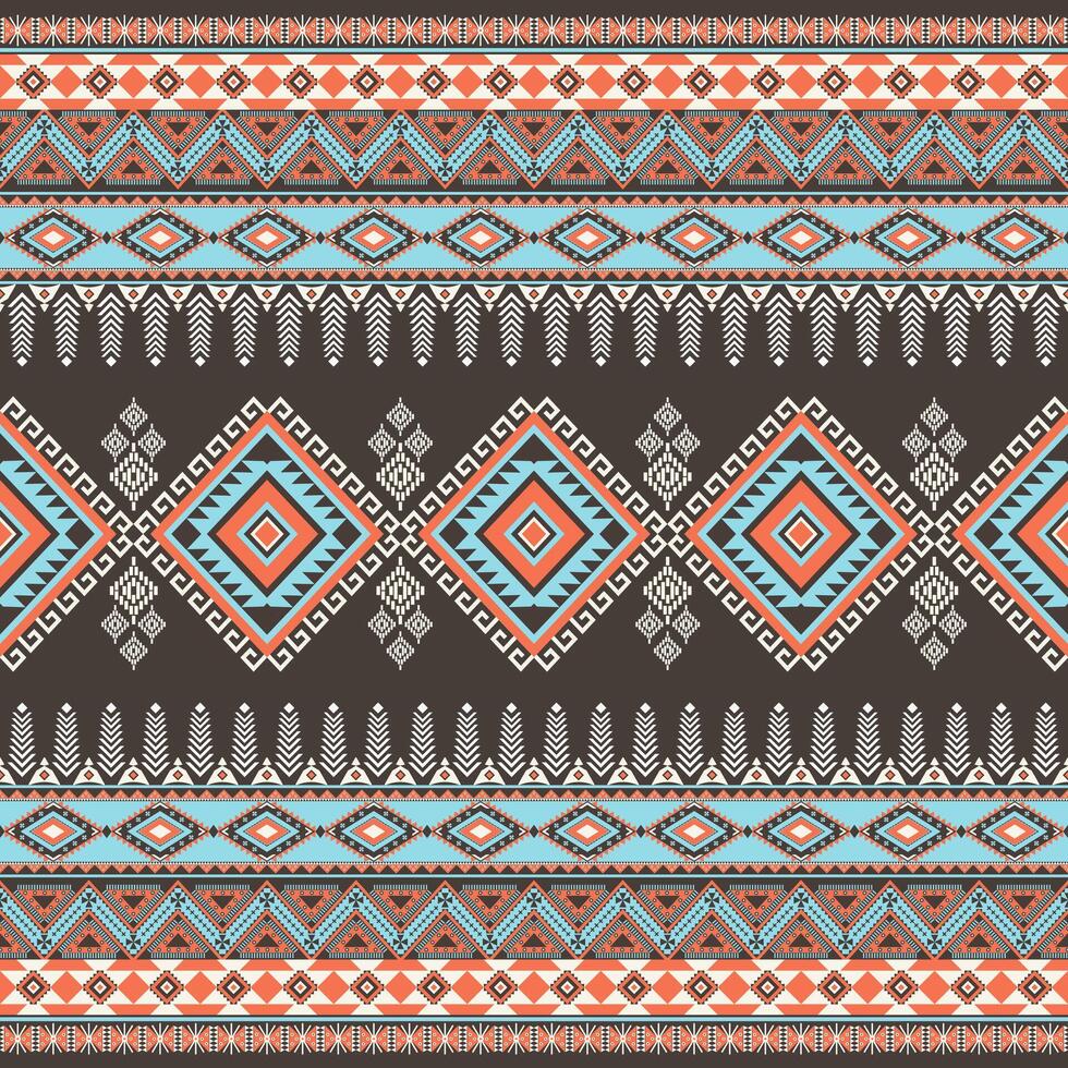 Abstract ethnic geometric texture pattern. Seamless blue and orange color of tribal abstract fabric textile on brown background vector