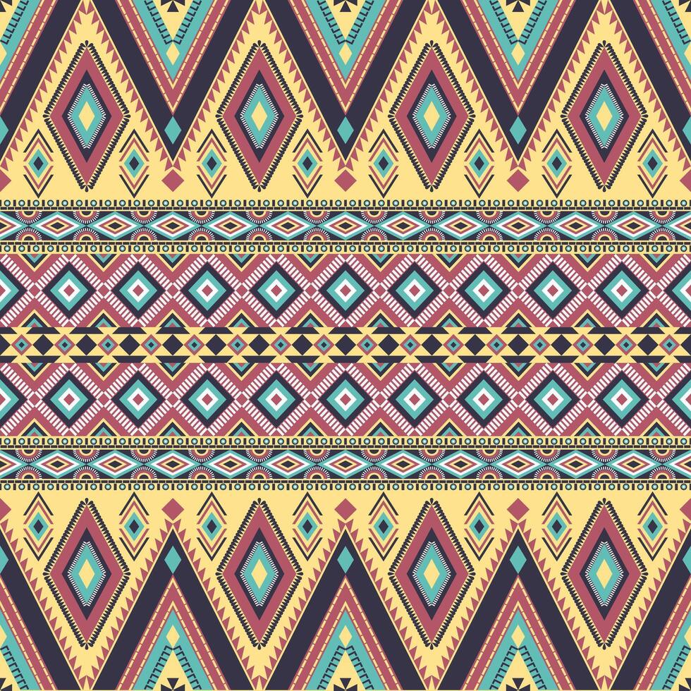 Abstract ethnic geometric texture pattern. Seamless pink and blue color of tribal abstract fabric textile on pastel yellow background vector