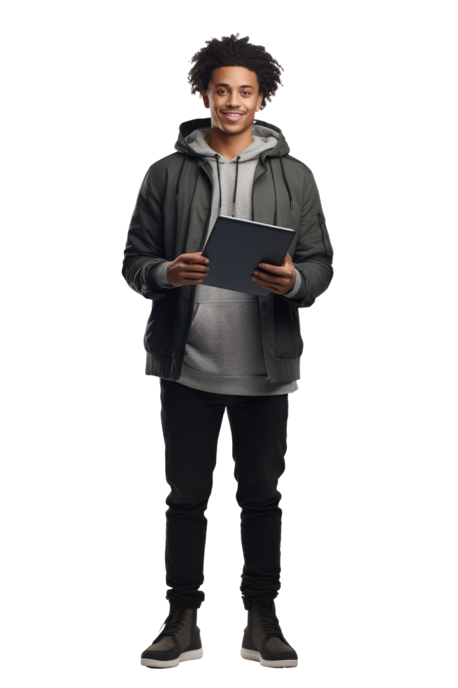 A man in a hoodie holding a tablet png