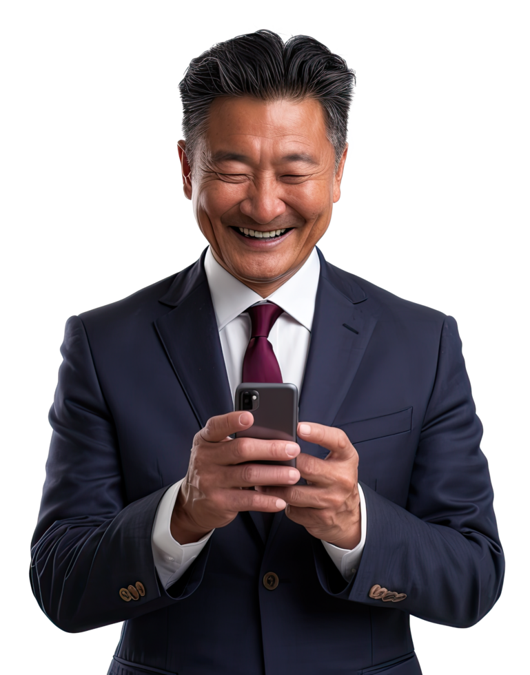 A man in a suit is smiling and holding a cell phone png