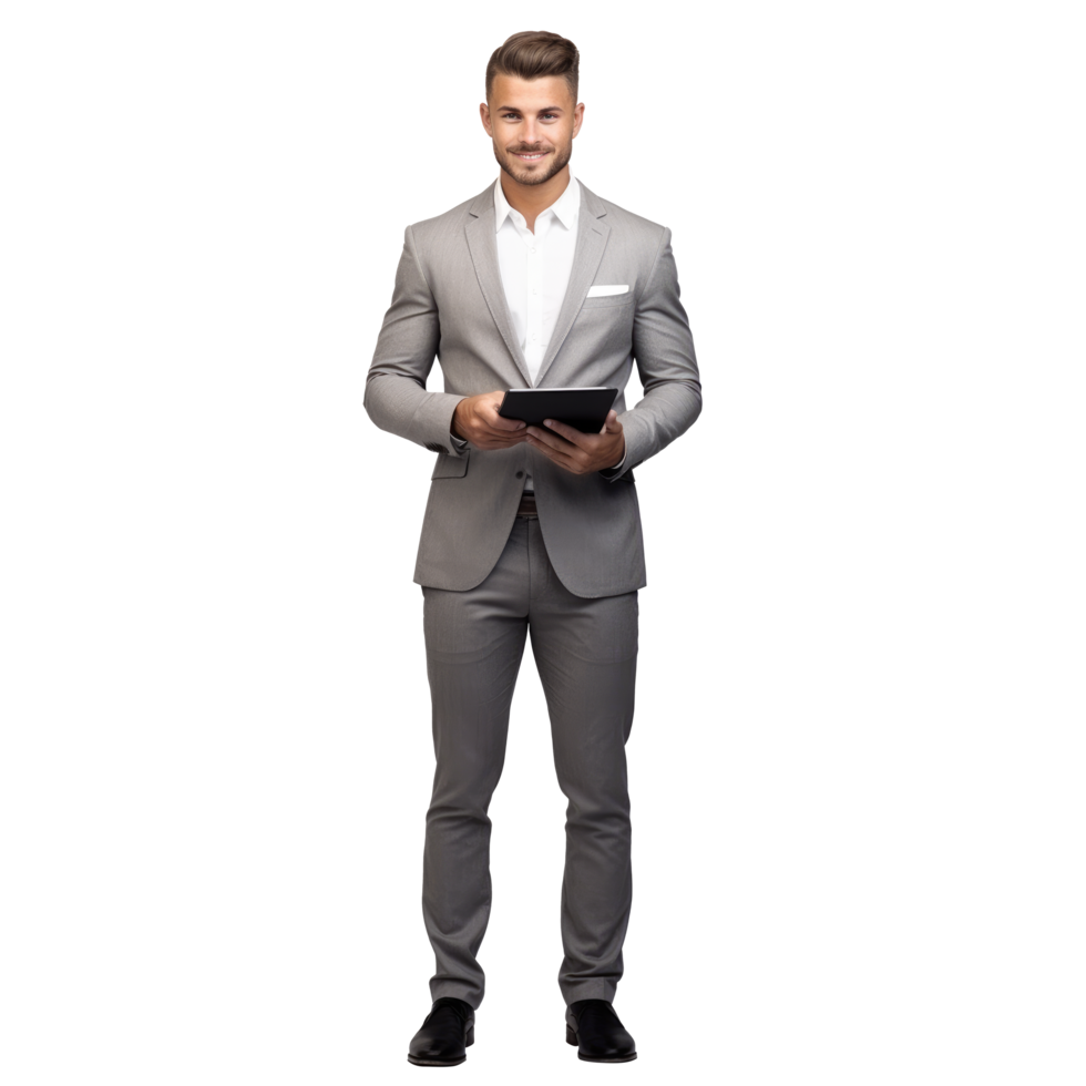 A man in a suit holding a tablet png