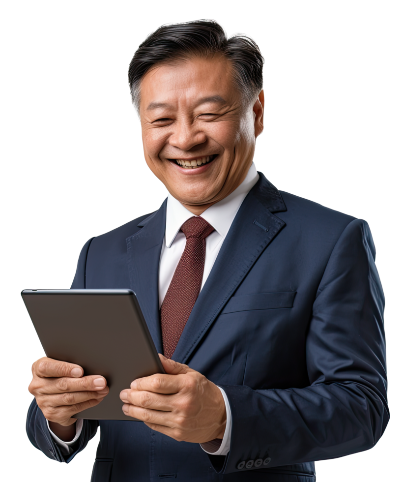 A man in a suit is holding a tablet computer png