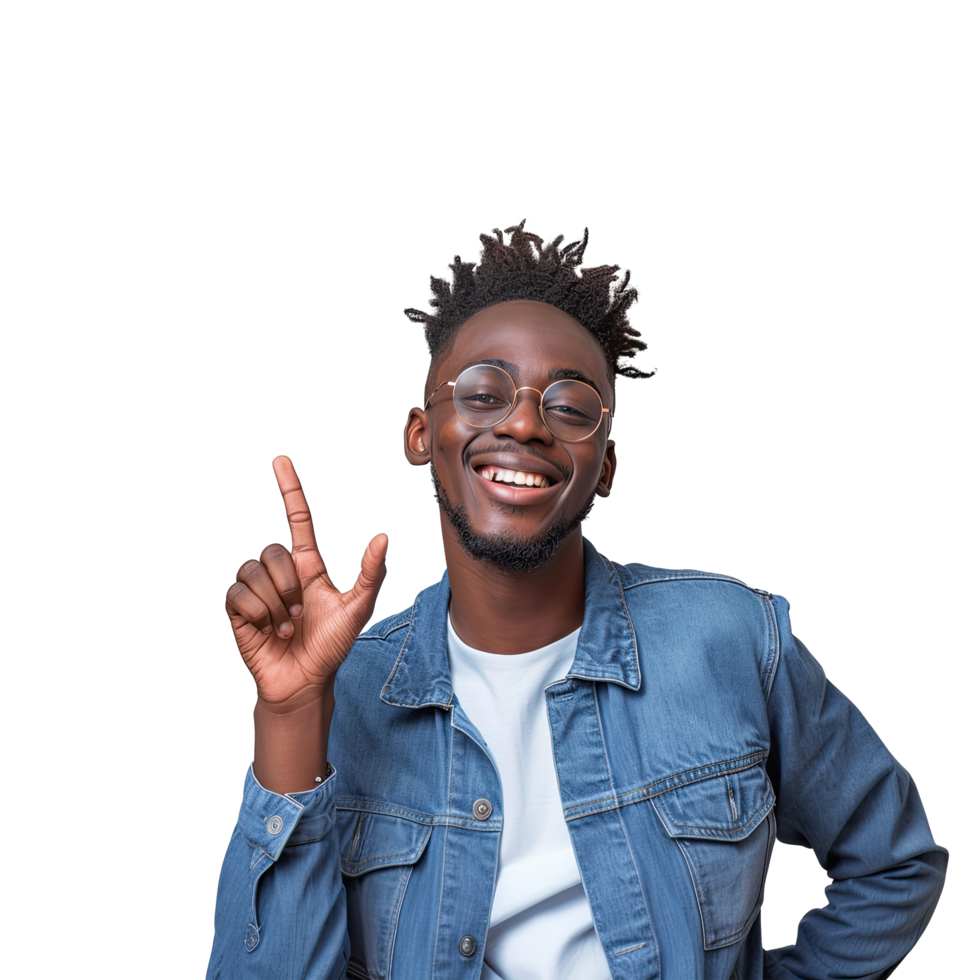 A man in glasses and a denim jacket is making a peace sign png