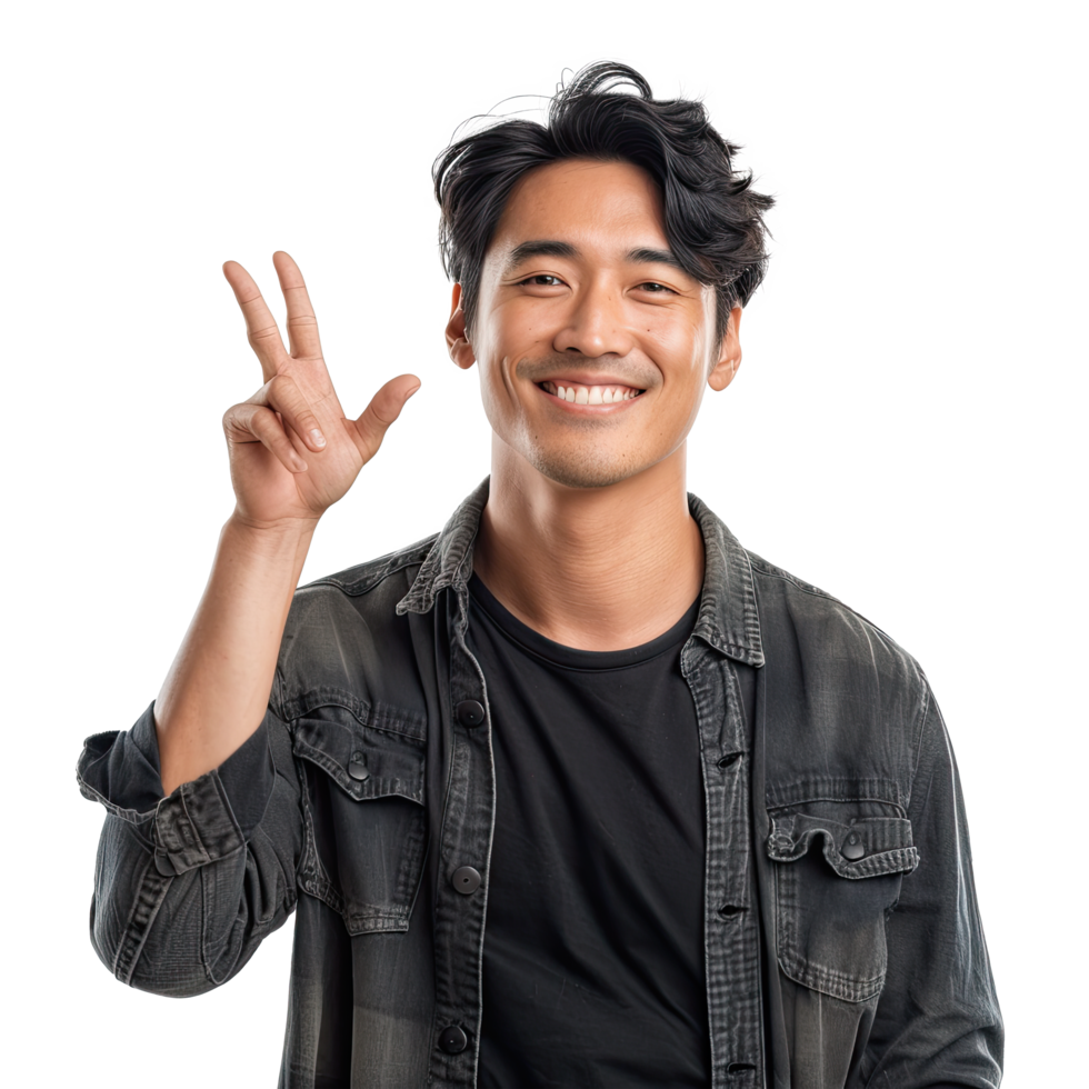 A man is making a peace sign with his hands png