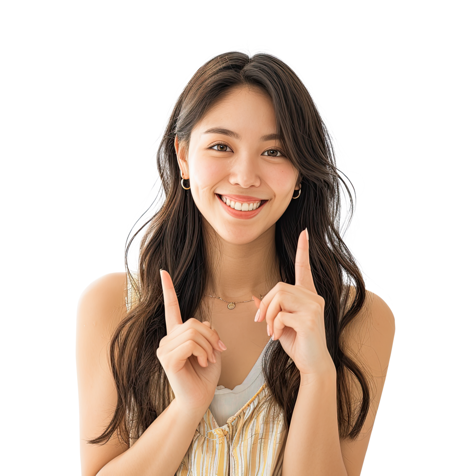A woman with her fingers up and a smile png