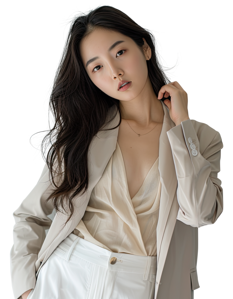 A woman in a white blazer and skirt png