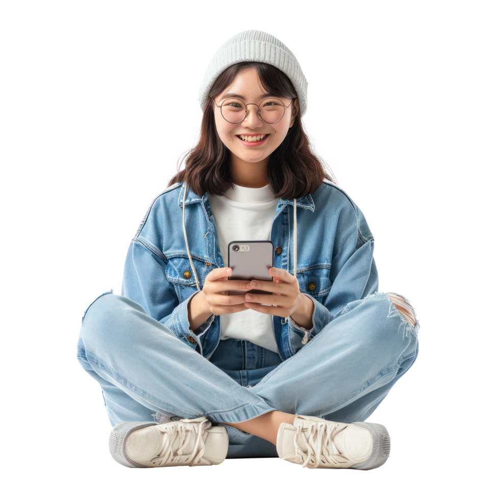 A girl in a denim jacket and glasses sits on the floor and uses her phone png