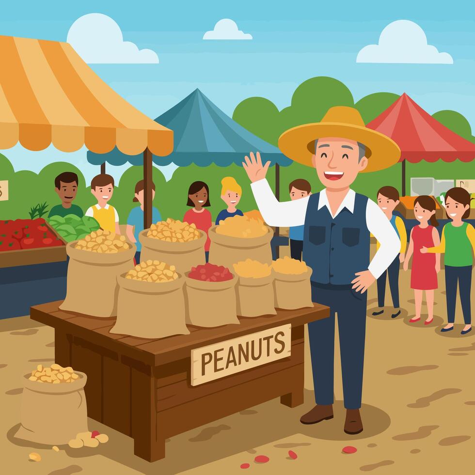 Selling Peanuts at Farmers Market with Friendly Vendor and Customers vector