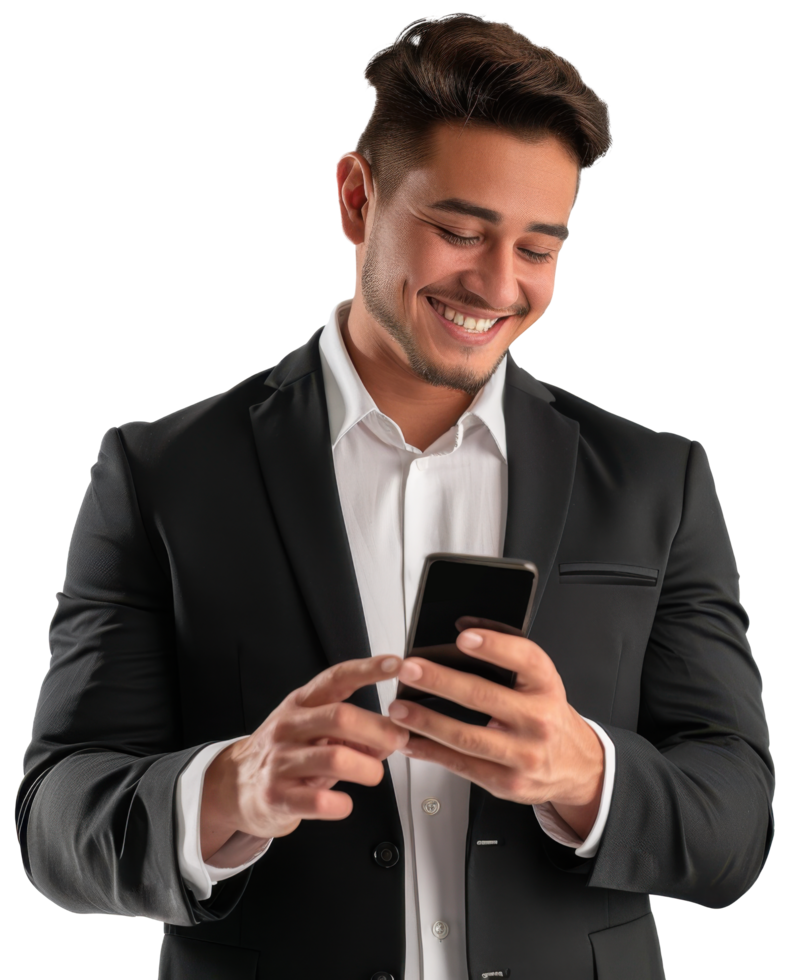 A man in a suit is smiling and holding his phone png