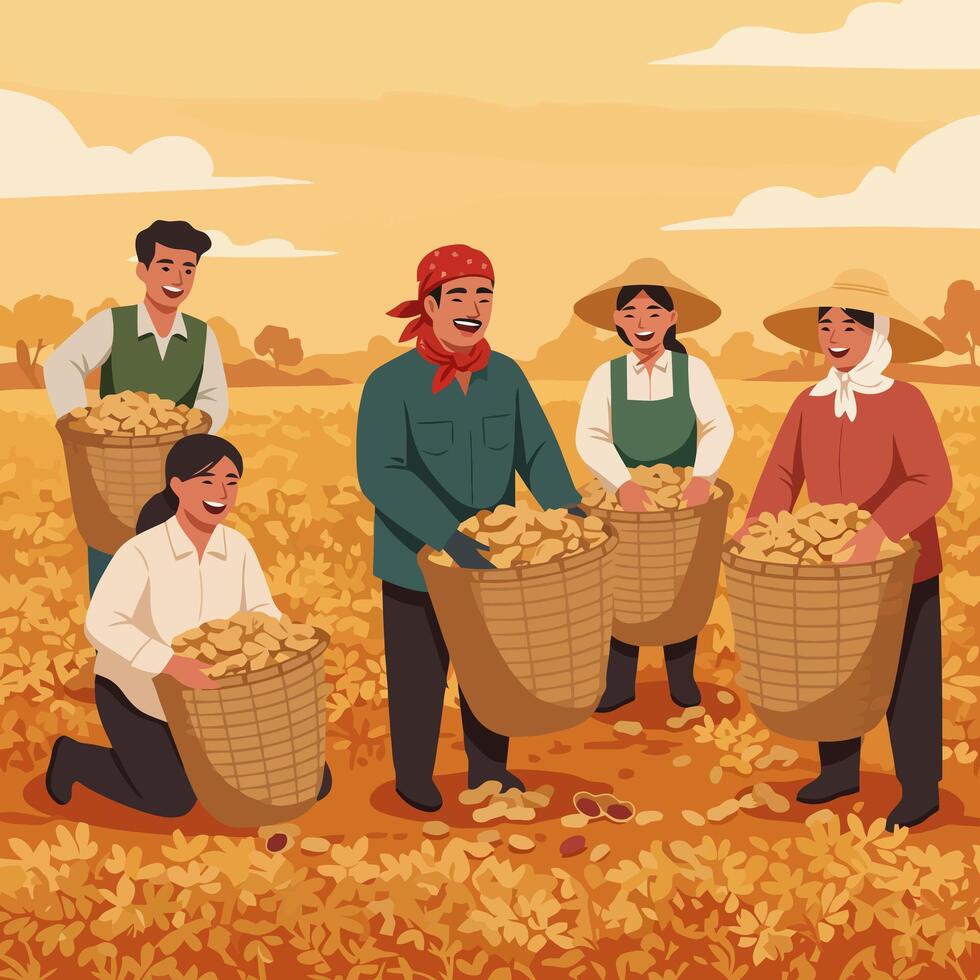 Farmers Harvesting Crops in Field with Woven Baskets and Smiling Faces vector