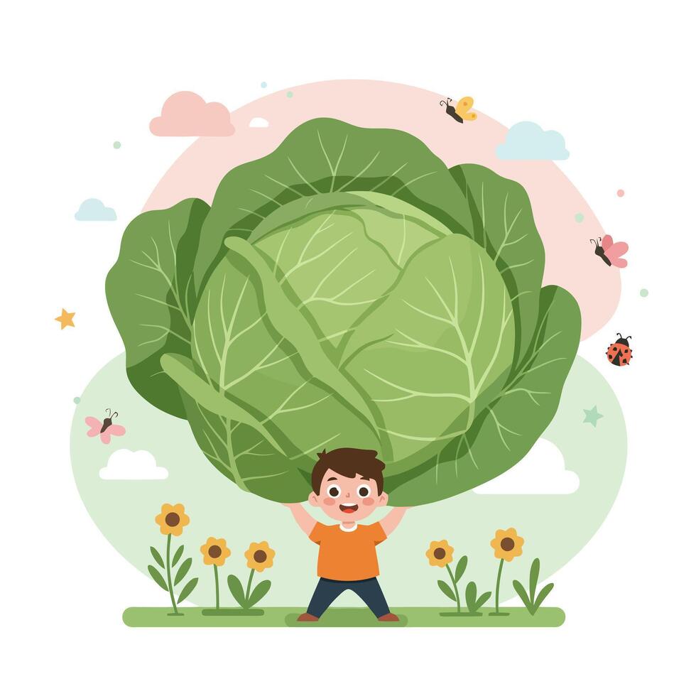 Boy Holding Giant Cabbage in Garden with Sunflowers and Butterflies vector
