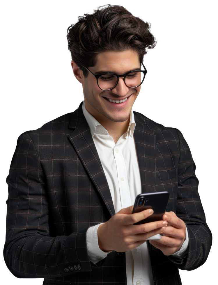 A man in glasses and a suit is smiling while using his phone png