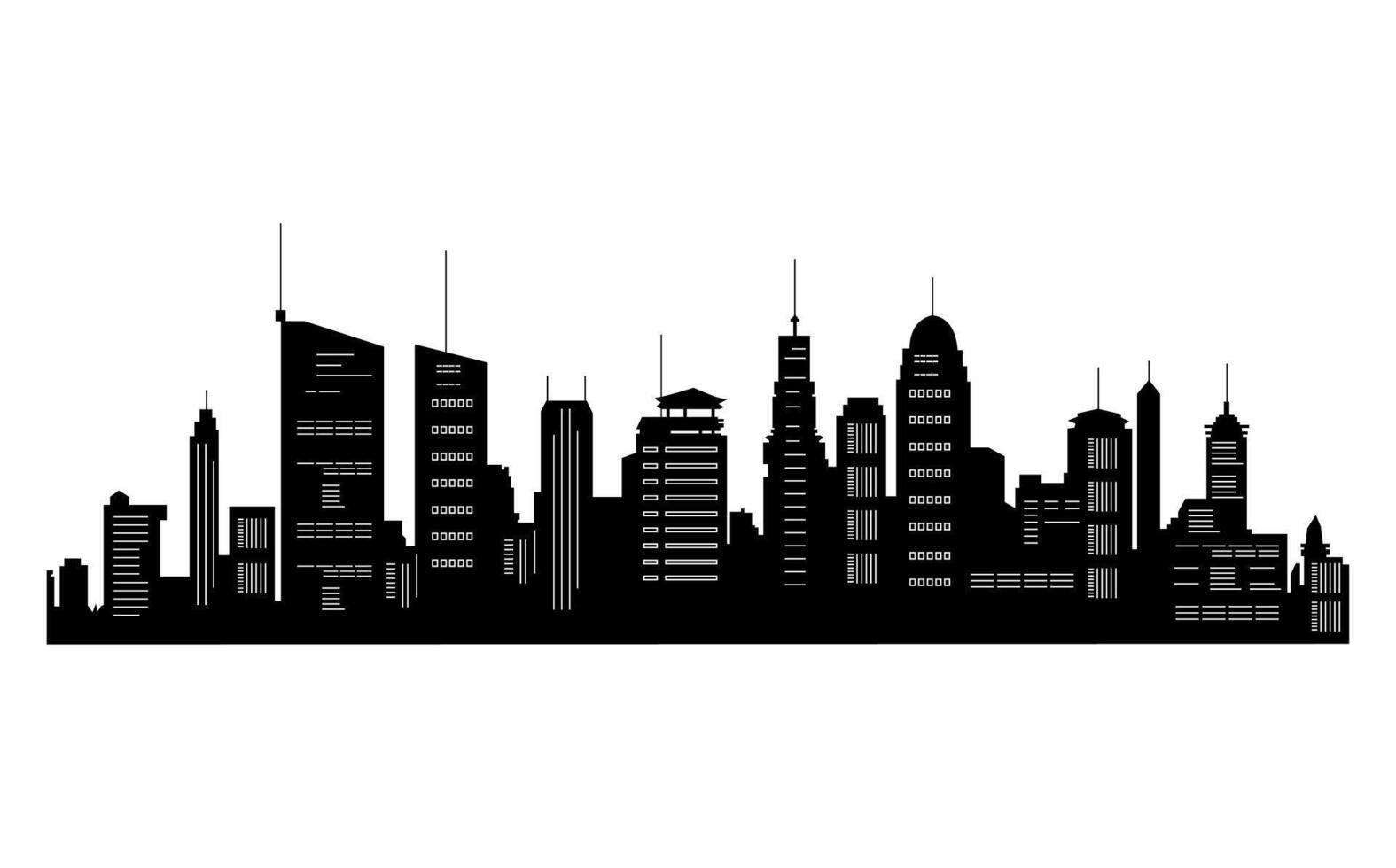Black cities silhouette collection. Horizontal skyline set in flat style isolated on white. Cityscape with windows, urban panorama of night town. vector