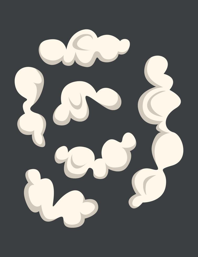 Cartoon smoke on wind, smoking comic kit. Explosion effect, cooking fog or fire smokes element. White motion cloud, snugly steam vector