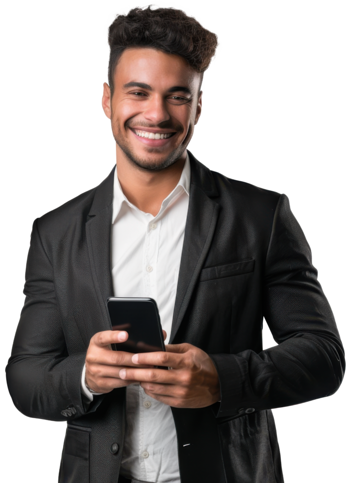 A man in a suit holding a cell phone png