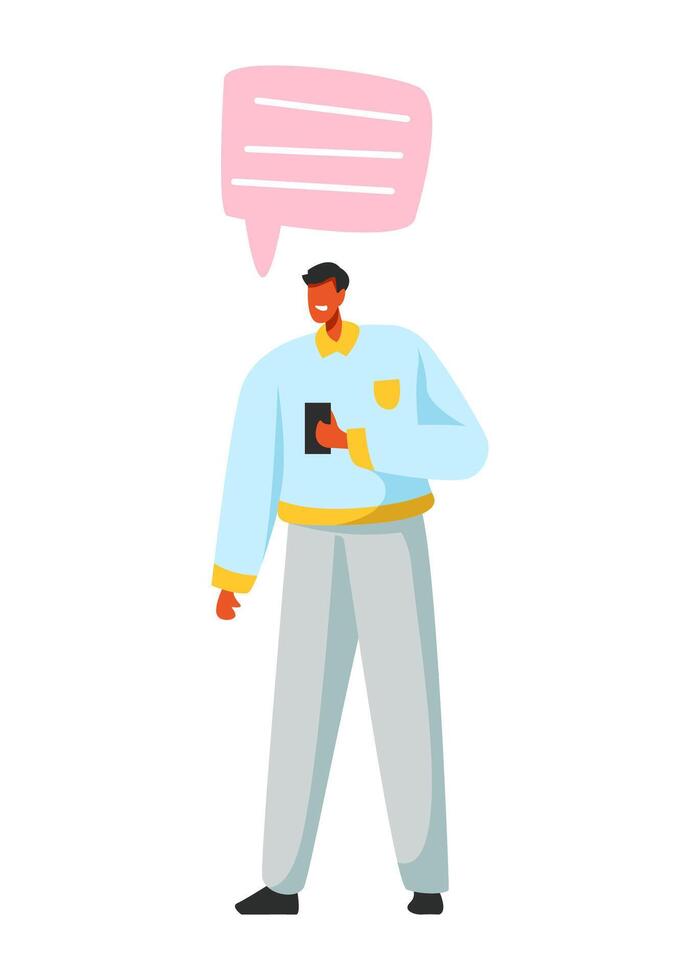 Social Networking Virtual Relationships Concept with Speech bubble. Flat People Characters Chatting via Internet Using Smartphone vector