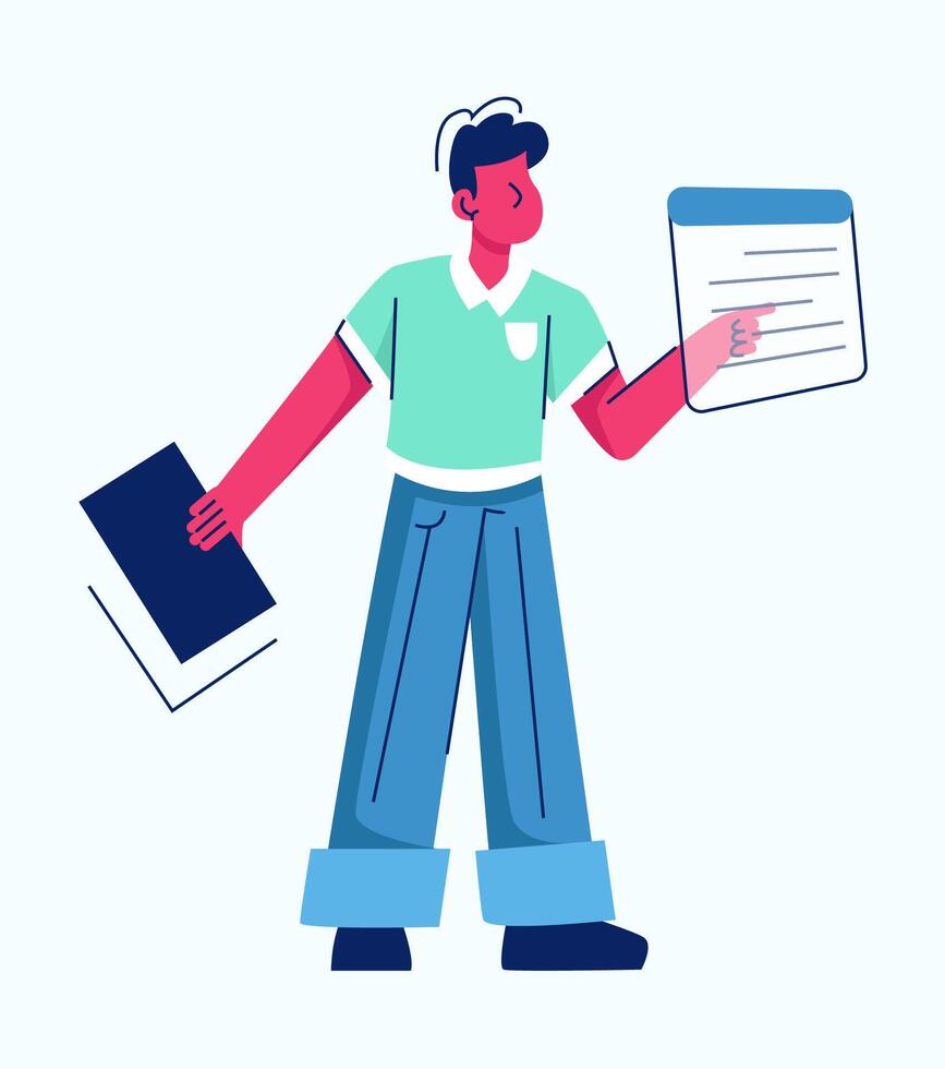 Programmer at work process illustration. With laptop flat style concept. Specialist coding new project using computer. Software coding testing debugging vector