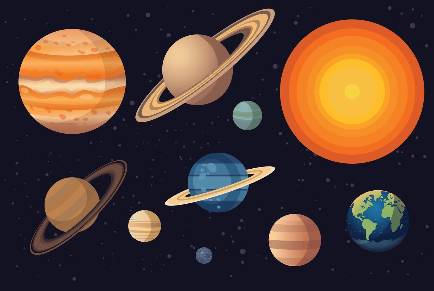 Colorful bright solar system planets on universe background illustration, modern trendy style. Planet icons vector
