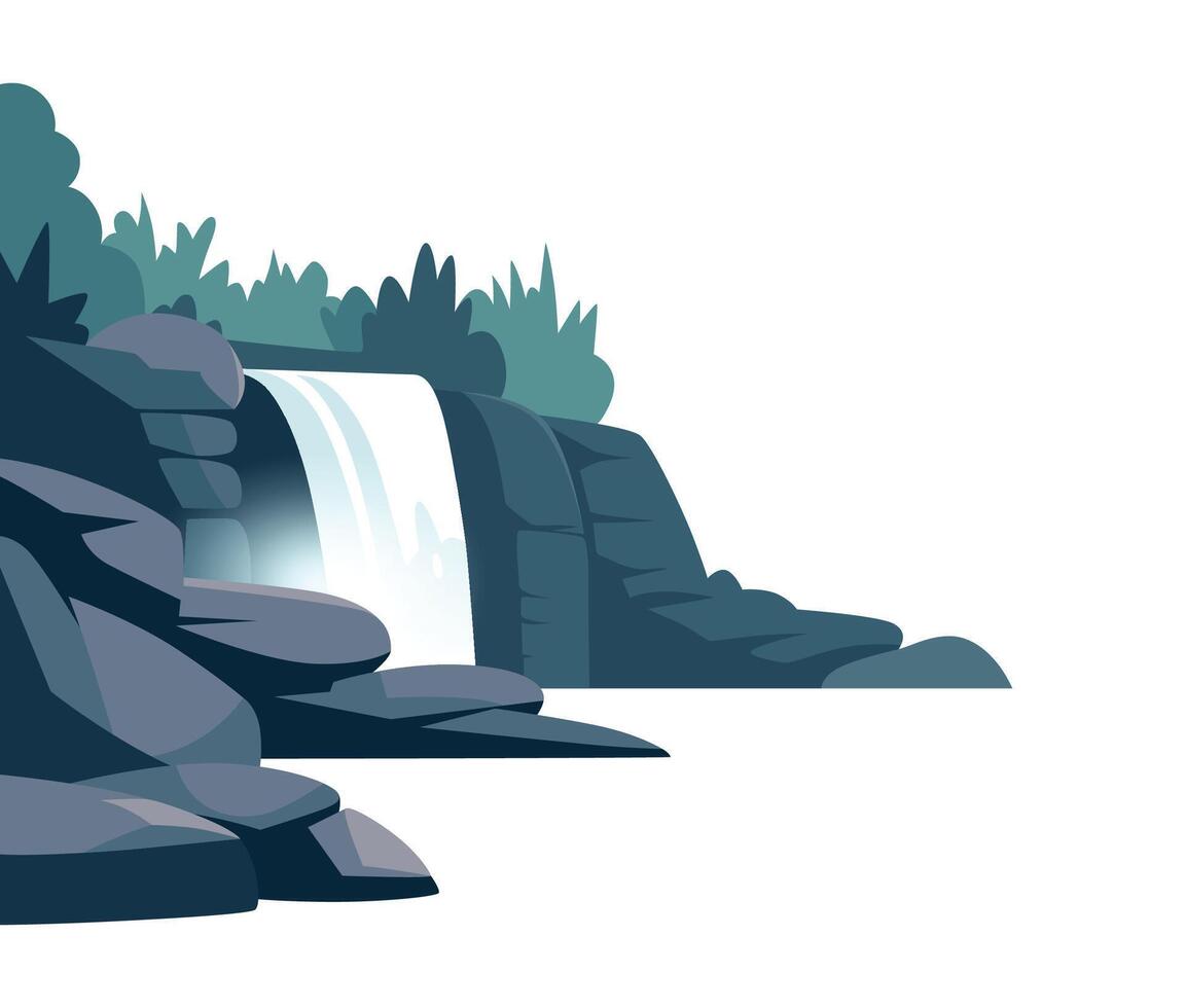 Cartoon Waterfall Landscape Background Card Poster Flat Design Nature Scene Adventure Travel. illustration vector