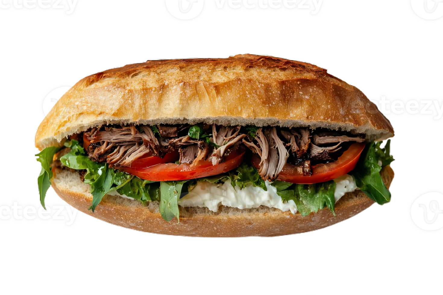 Delicious sandwich with pulled meat, tomatoes, and cheese png