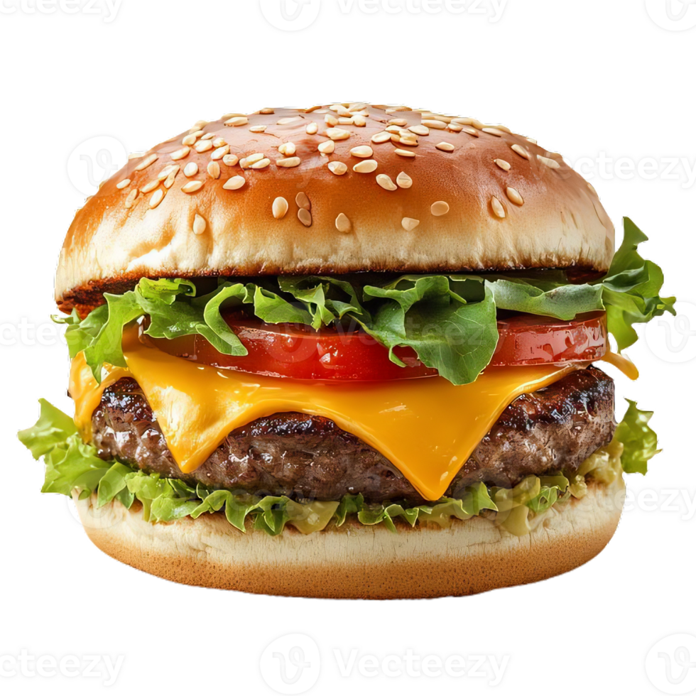 Classic cheeseburger. A juicy beef patty, melted cheese, crisp lettuce, and ripe tomatoes nestled between toasted sesame seed buns png
