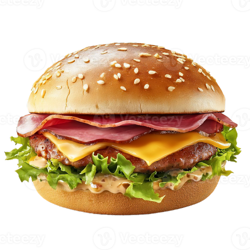 ClasClassic cheeseburger. A juicy beef patty, melted cheese, crisp lettuce, and ripe tomatoes nestled between toasted sesame seed buns png