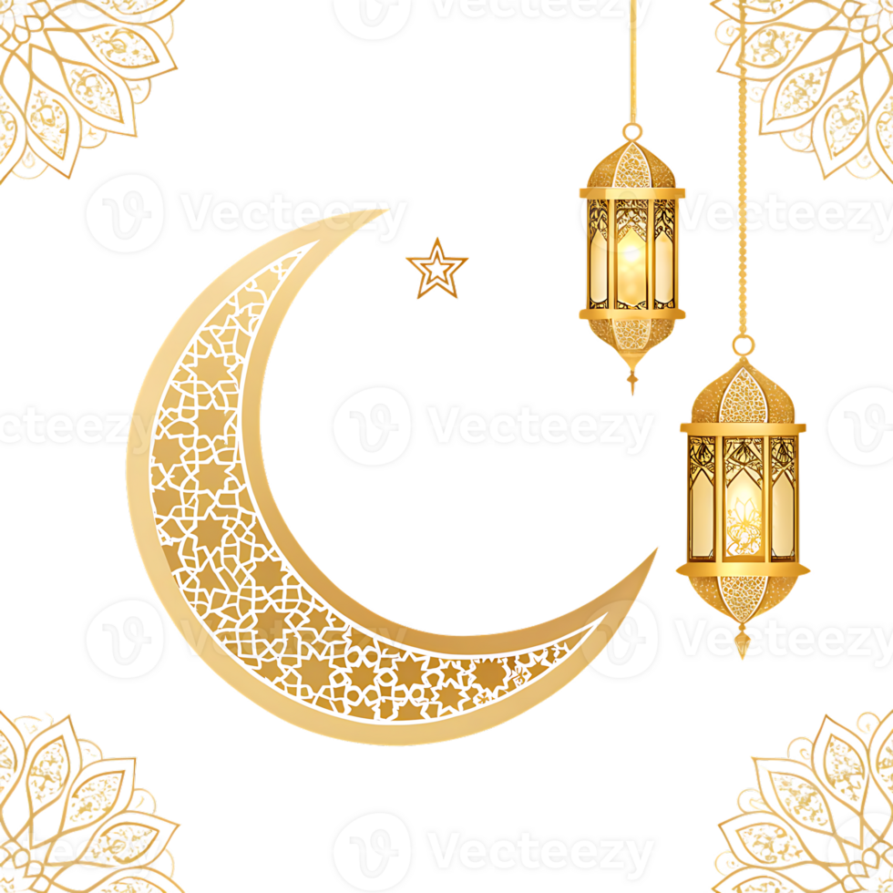 Eid Mubarak or Ramadan Kareem with Islamic concept Lantern Ornament modern Islamic holiday islamic kareem greeting card with golden crescent and lanterns png