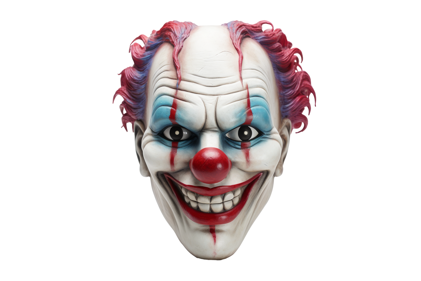 A clown mask with red hair and a smile.. png
