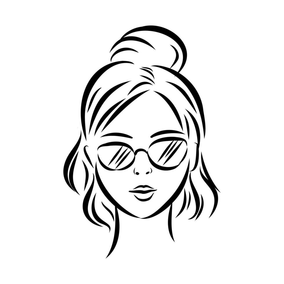 The head of a model girl with glasses is a black and white drawing vector