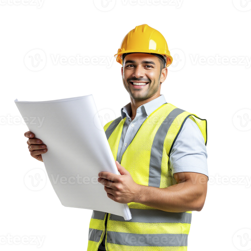 A man in a hard hat holding a piece of paper png