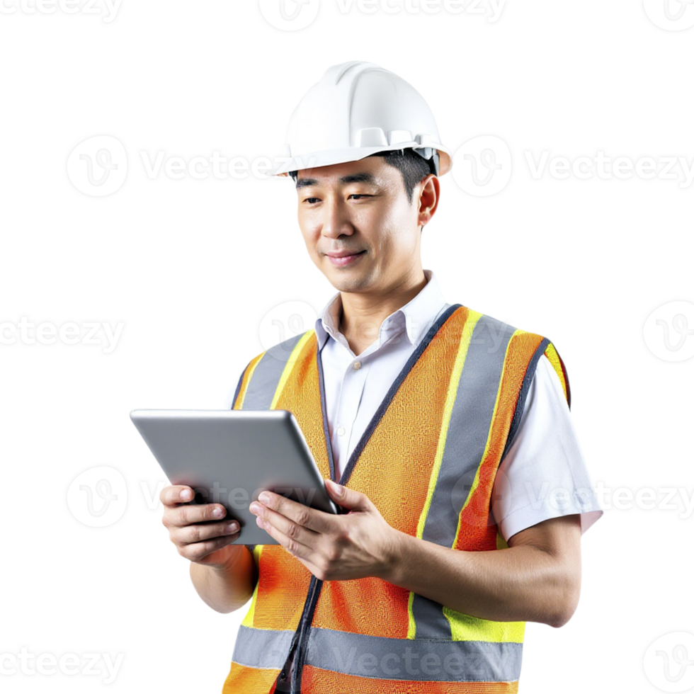 Asian man in safety vest holding tablet computer png