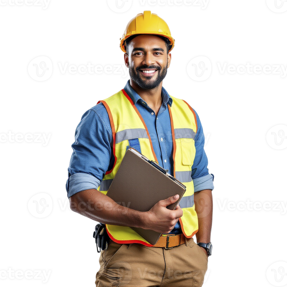 A smiling man in a hard hat holding a laptop png