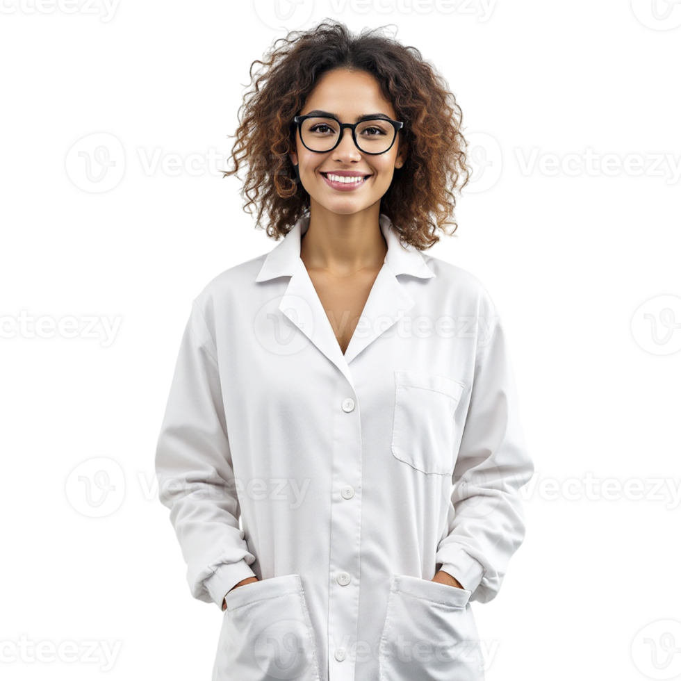 A woman in a lab coat and glasses png
