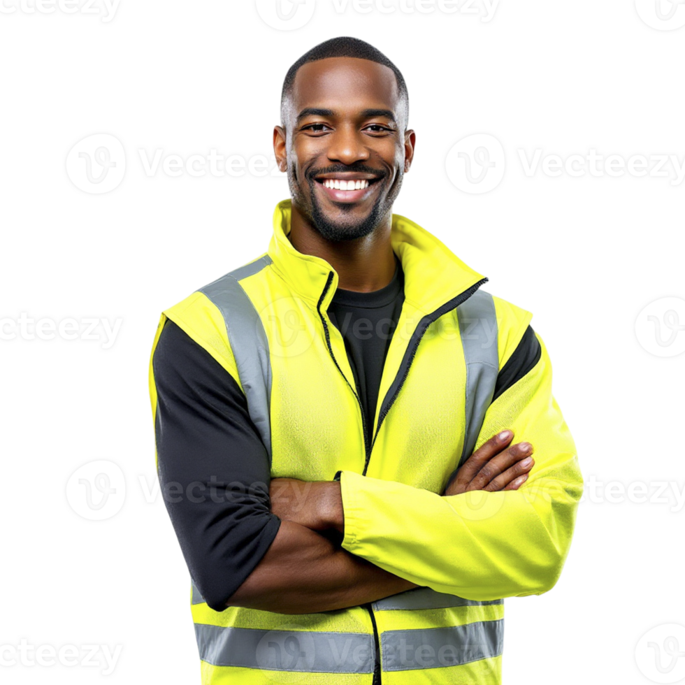 A smiling black man in a yellow vest png