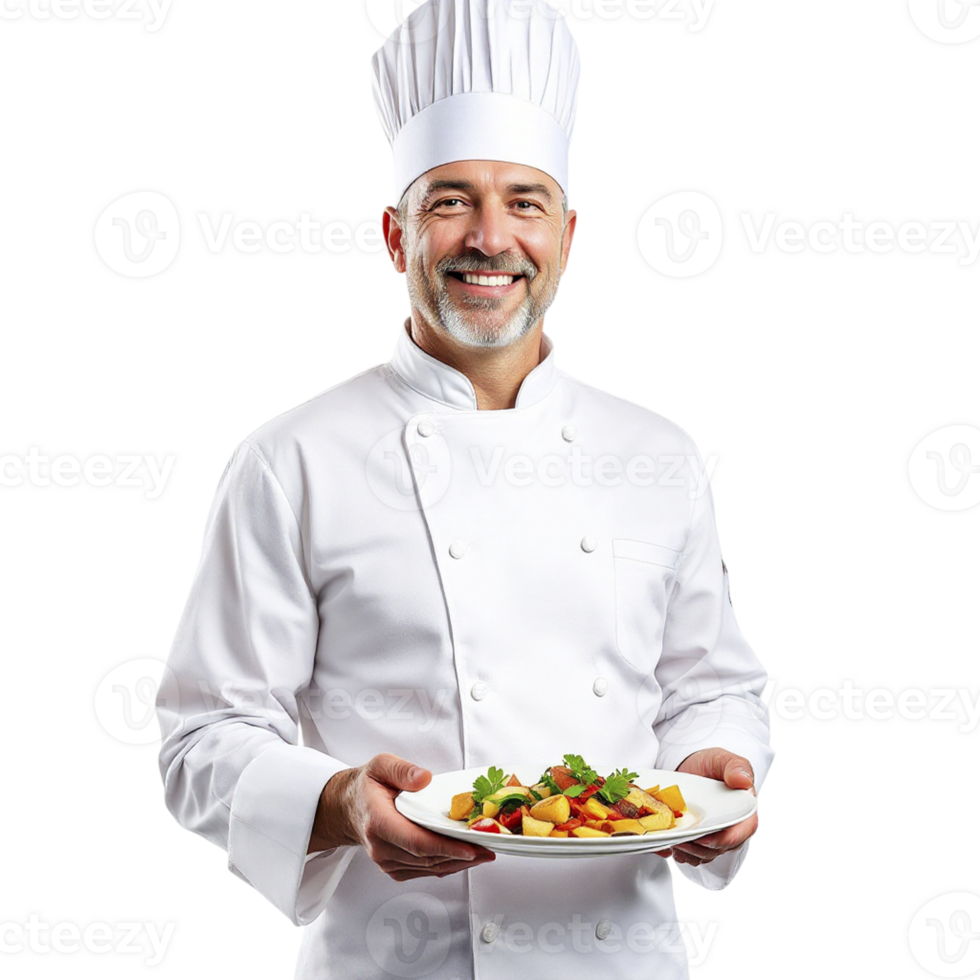 A man in a chef's uniform holding a plate of food png
