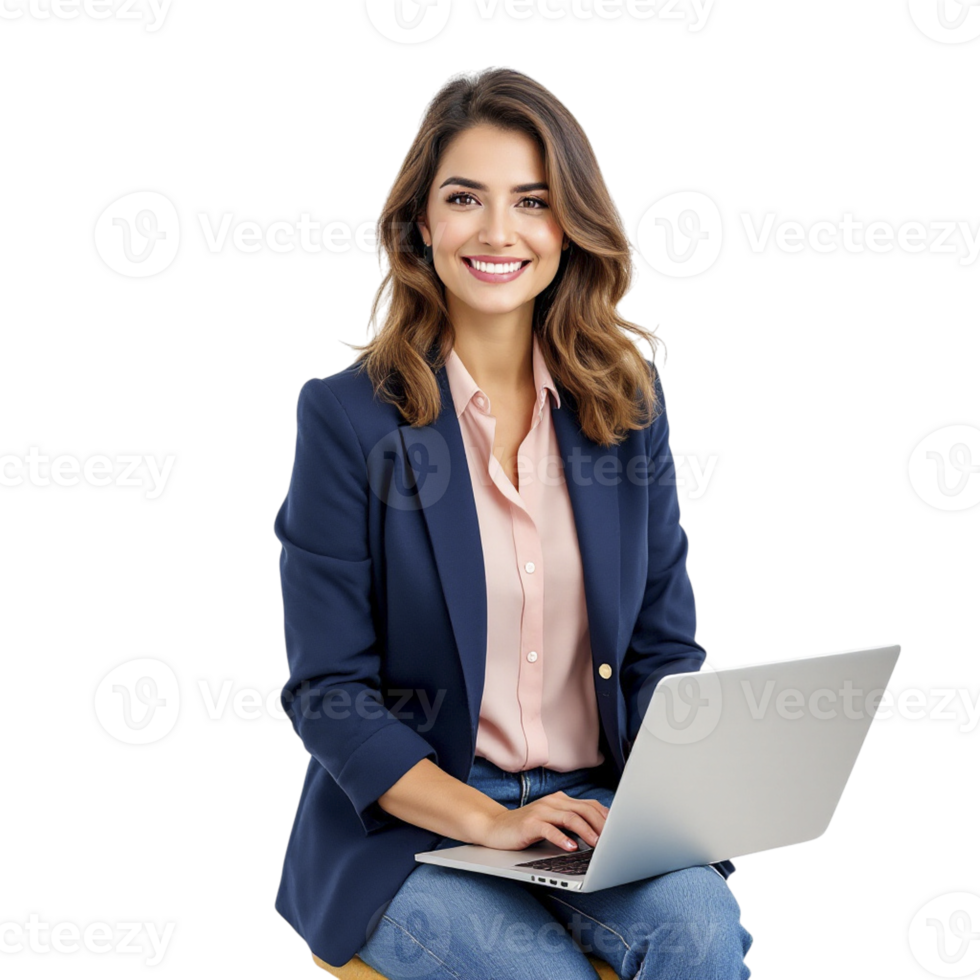 A woman in a business suit sitting on a stool with a laptop png