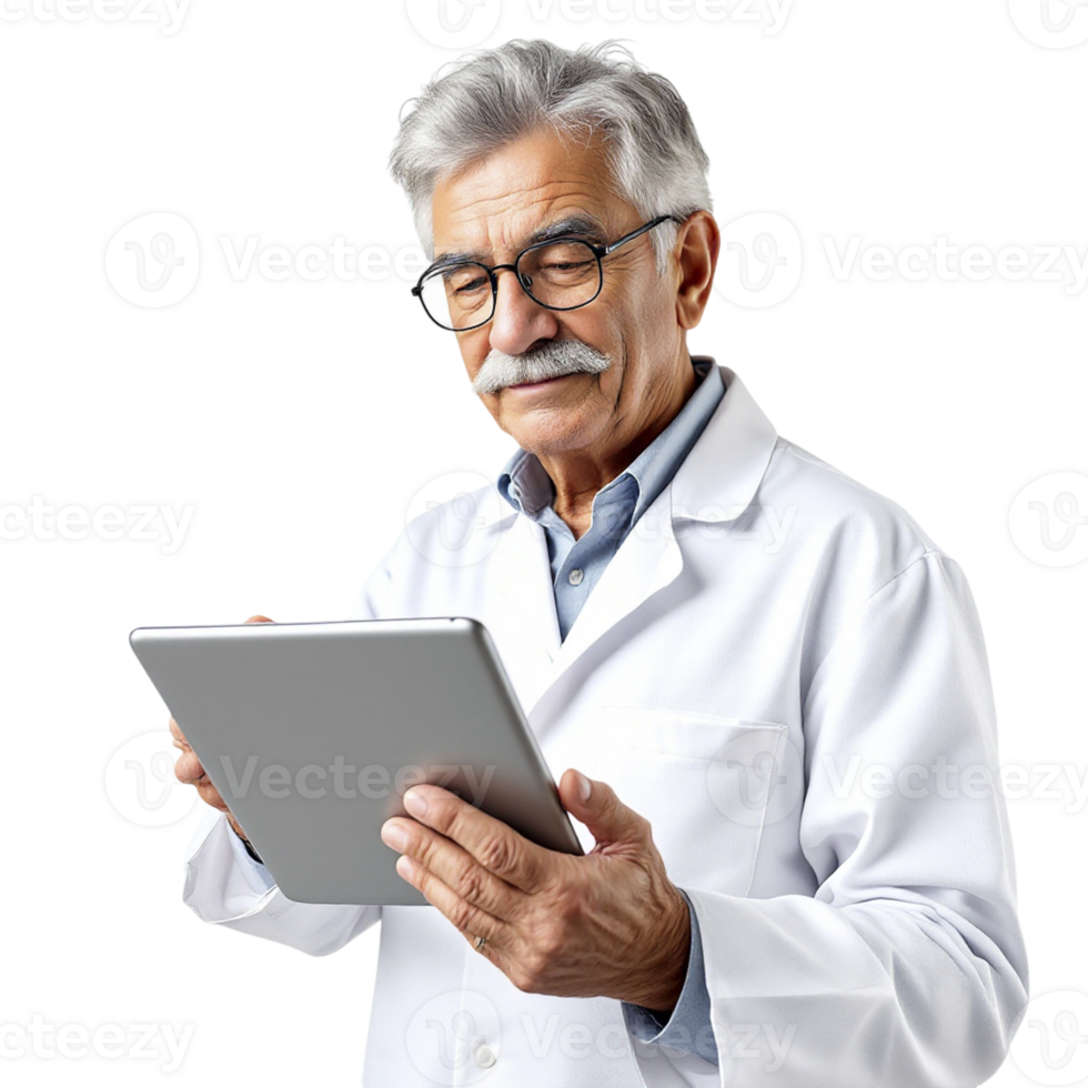 An older man in a lab coat holding a tablet computer png