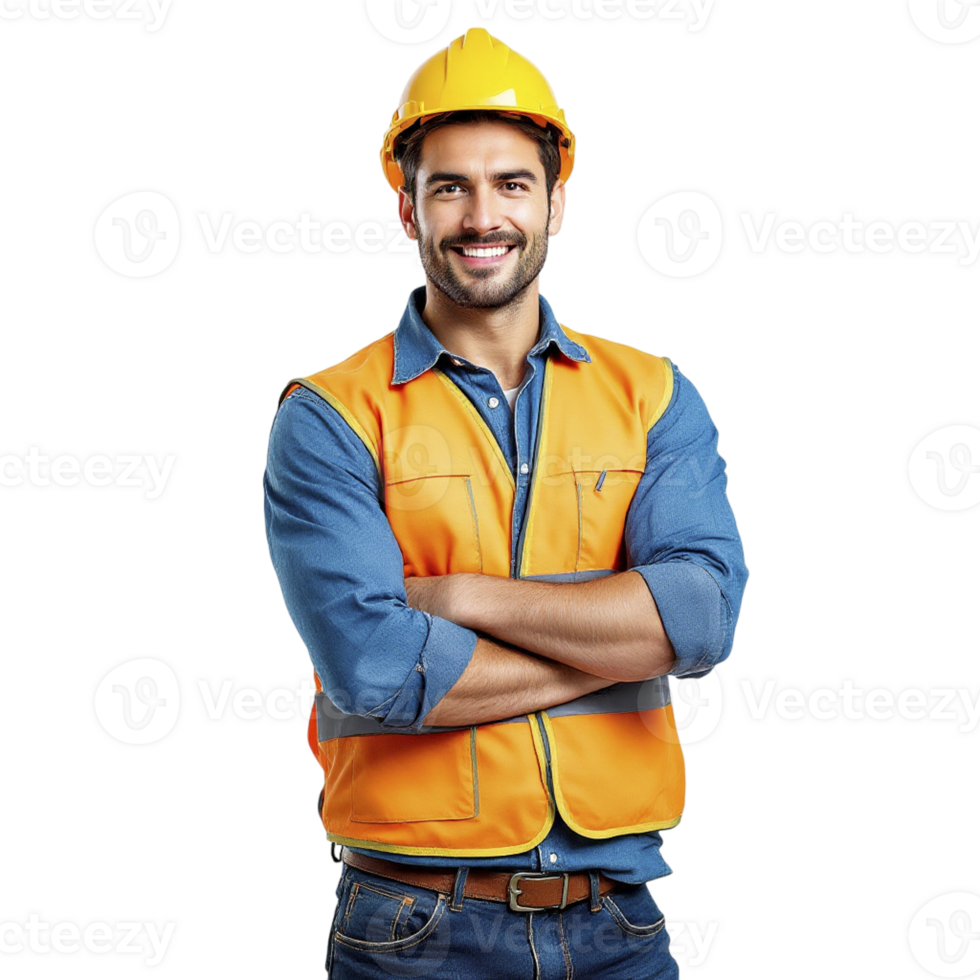 A smiling man in an orange vest and hard hat png