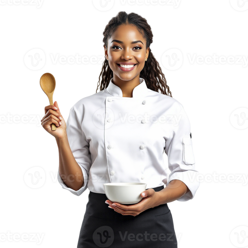 A woman in a chef's uniform holding a bowl and spoon png